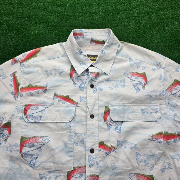 Cabelas Shirt Mens Medium/Large Light Blue Button Up Trout Fish Vented Fishing - Picture 2 of 9